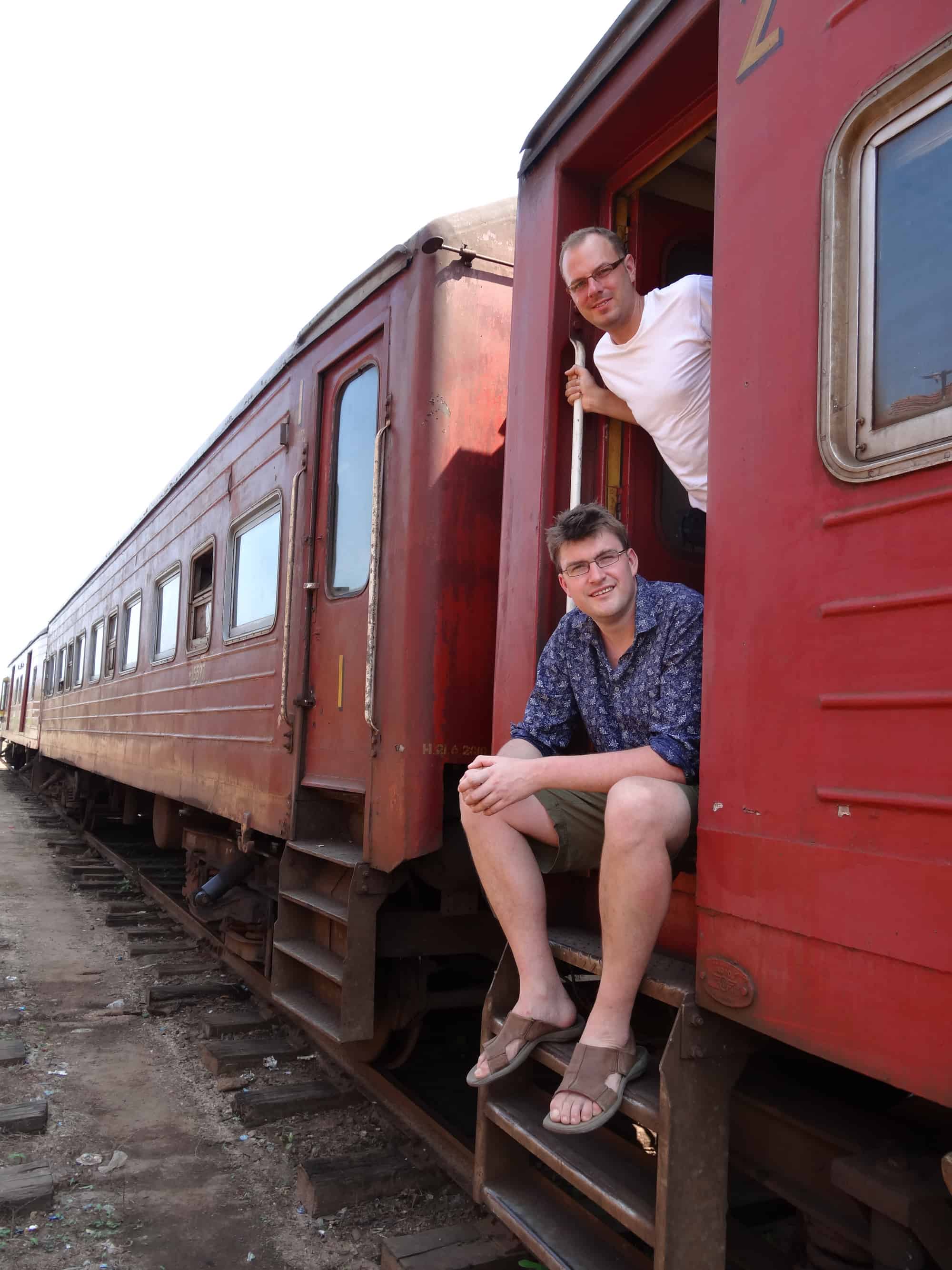 Tom and Sam Experience Travel Group co-founders Sam Clark and Tom Armstrong in Sri Lanka on a train