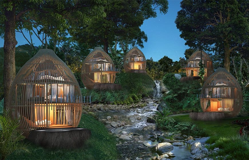 1. Keemala Phuket Treehouses at Keemala Phuket. A stream runs down between the treehouses with trees either side.