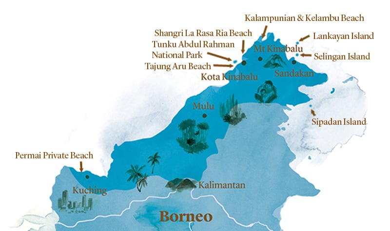 borneo-watercolour copy2 Map of Borneo with the best beaches