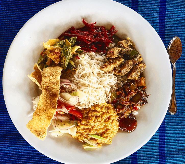 Sri Lankan food birds eye view of Rice and curry in a bowl