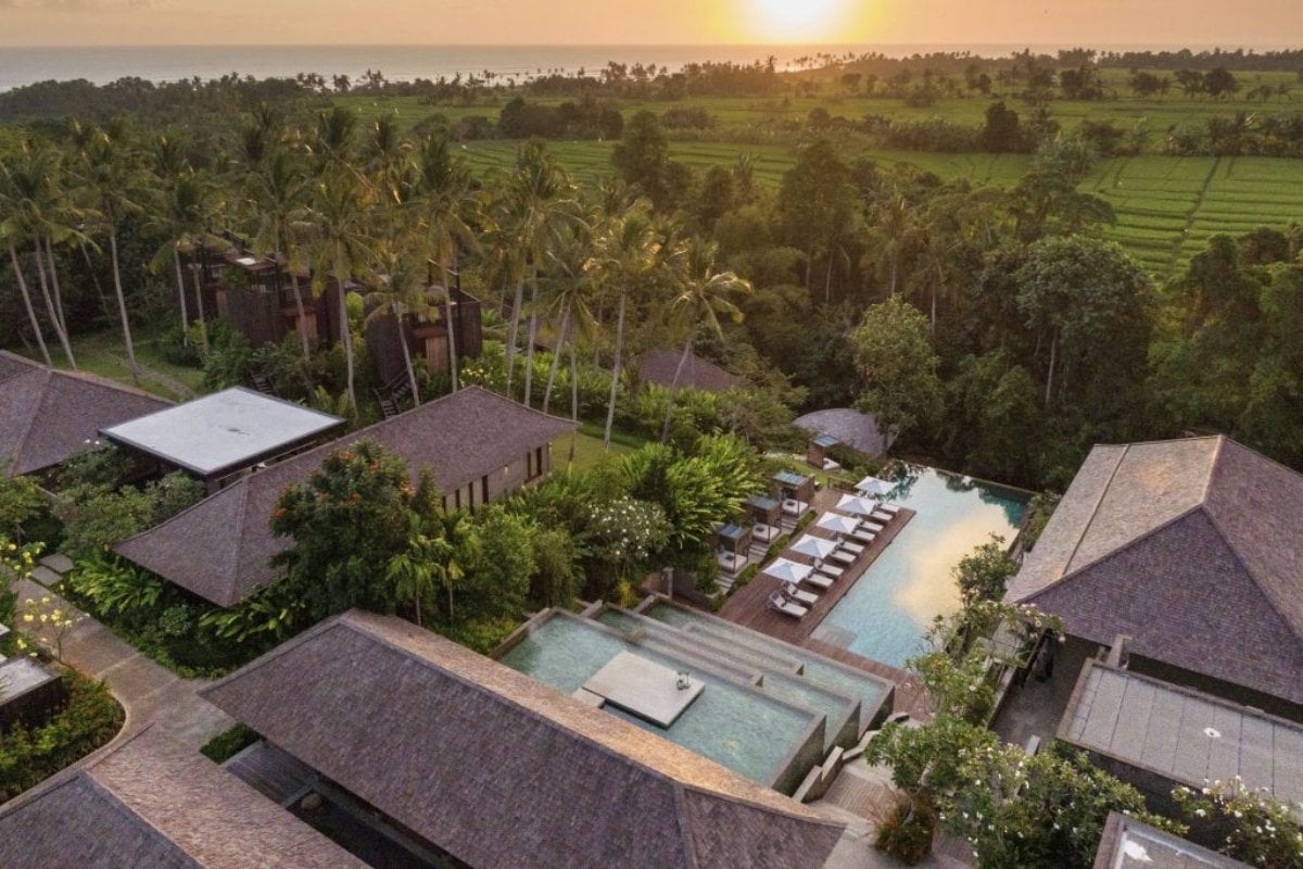 Overhead view of swimming pool at Nirjhara