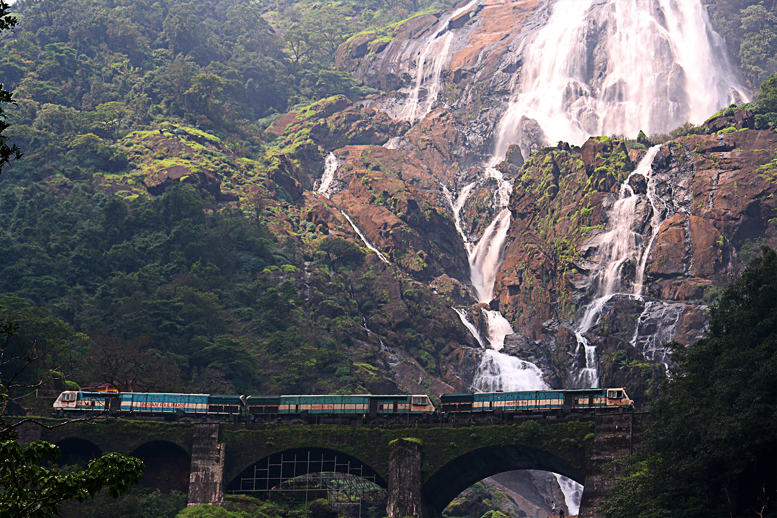Dudhsagar waterfall train crossing Dudhsagar waterfalls, the second highest in India on the way to Londa