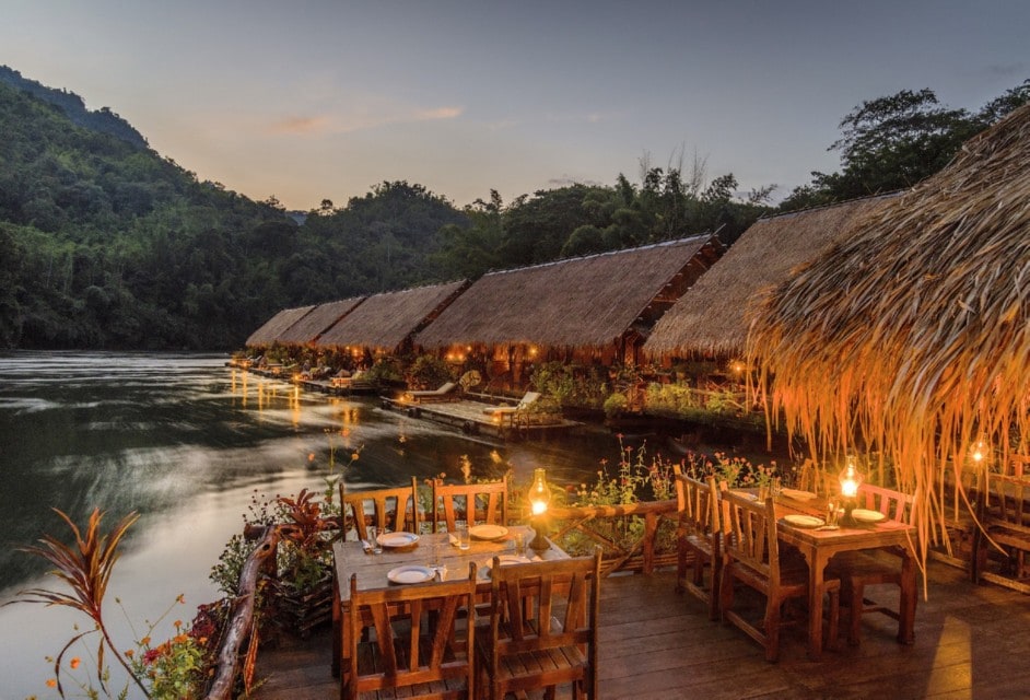 River Kwai Jungle Rafts row of resort villas on the river kwai in thailand