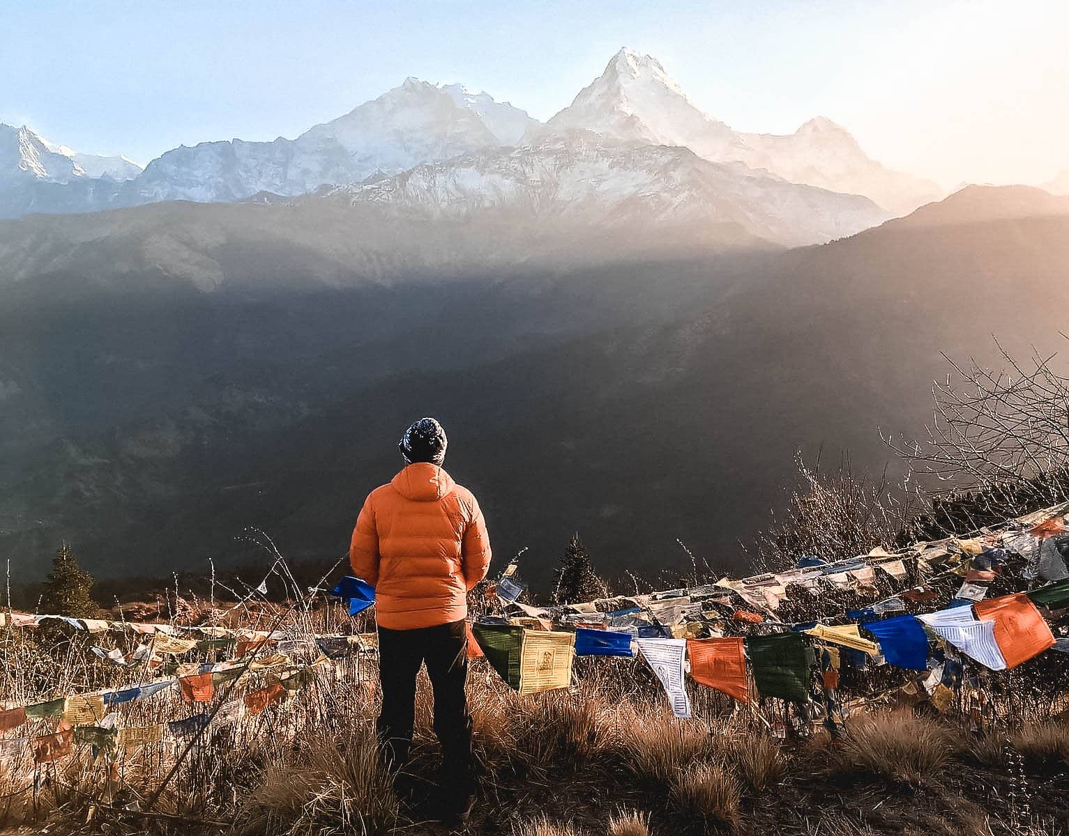Simon Batterham6 Traveller with prayer flags in the Himalayas