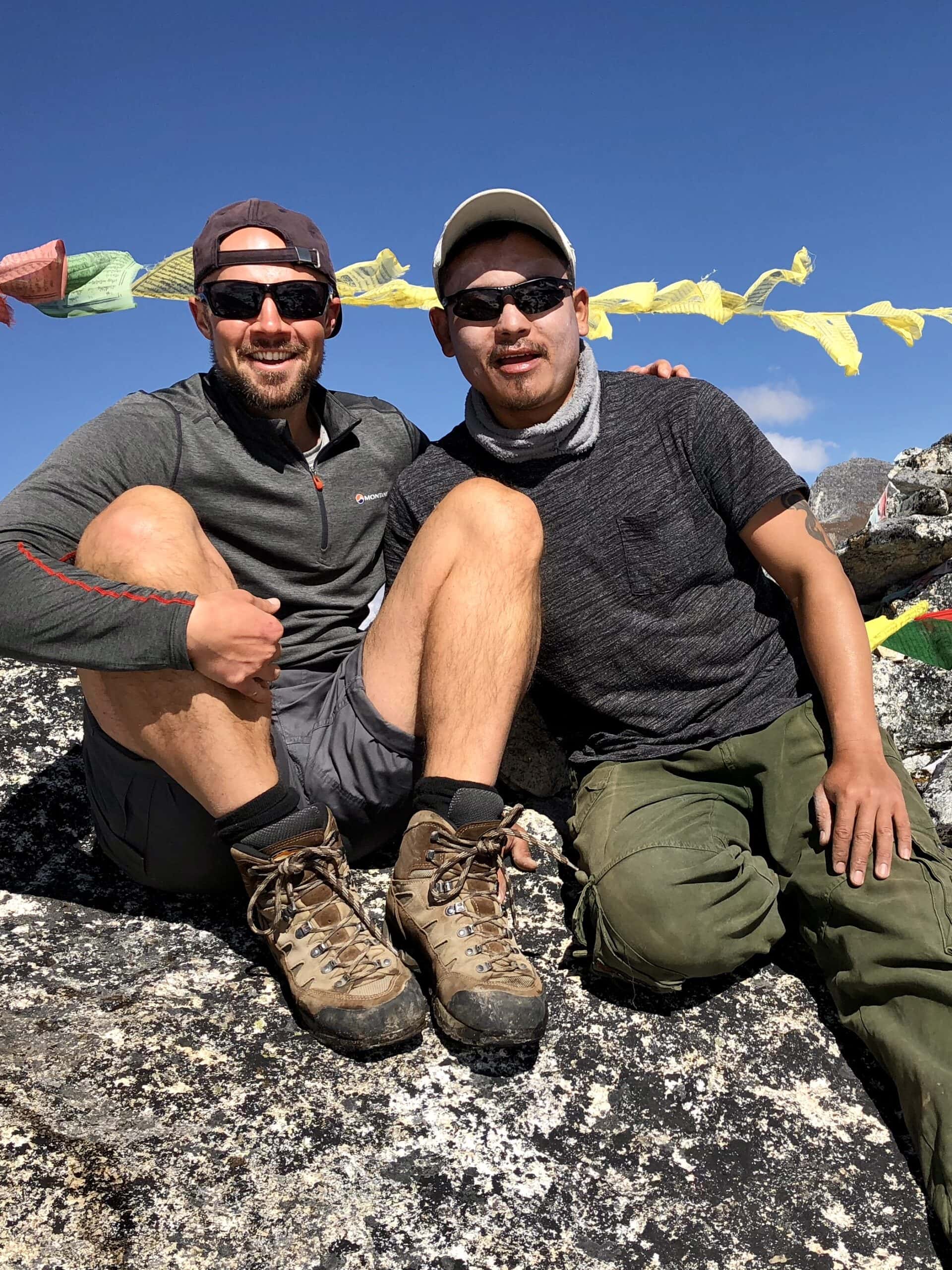 Snowman Trek 2018 Matt and Jamyang in Bhutan high in the himalayas on the snowman trek