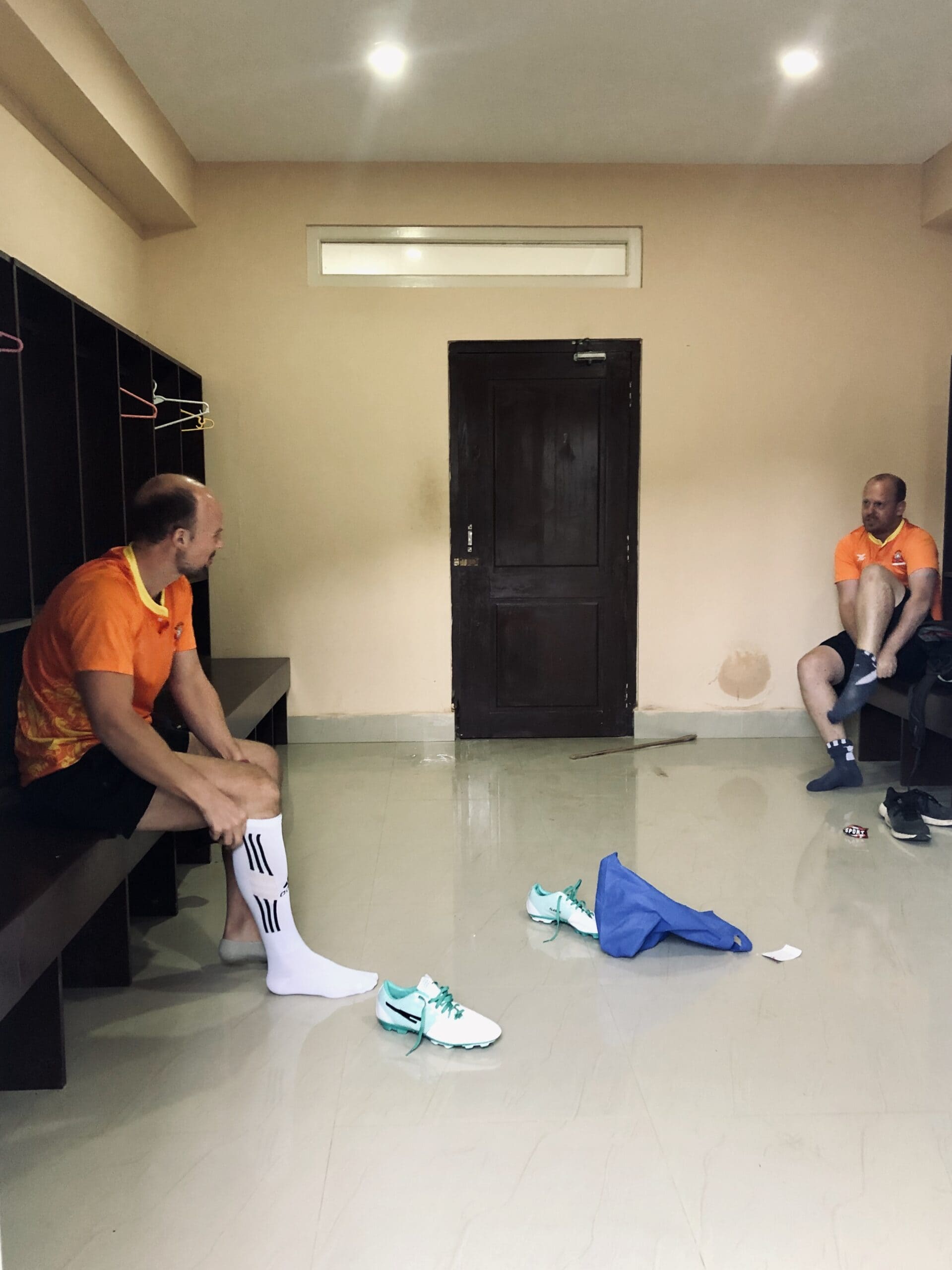 Game on! Matt and James getting ready for the football match in Bhutan