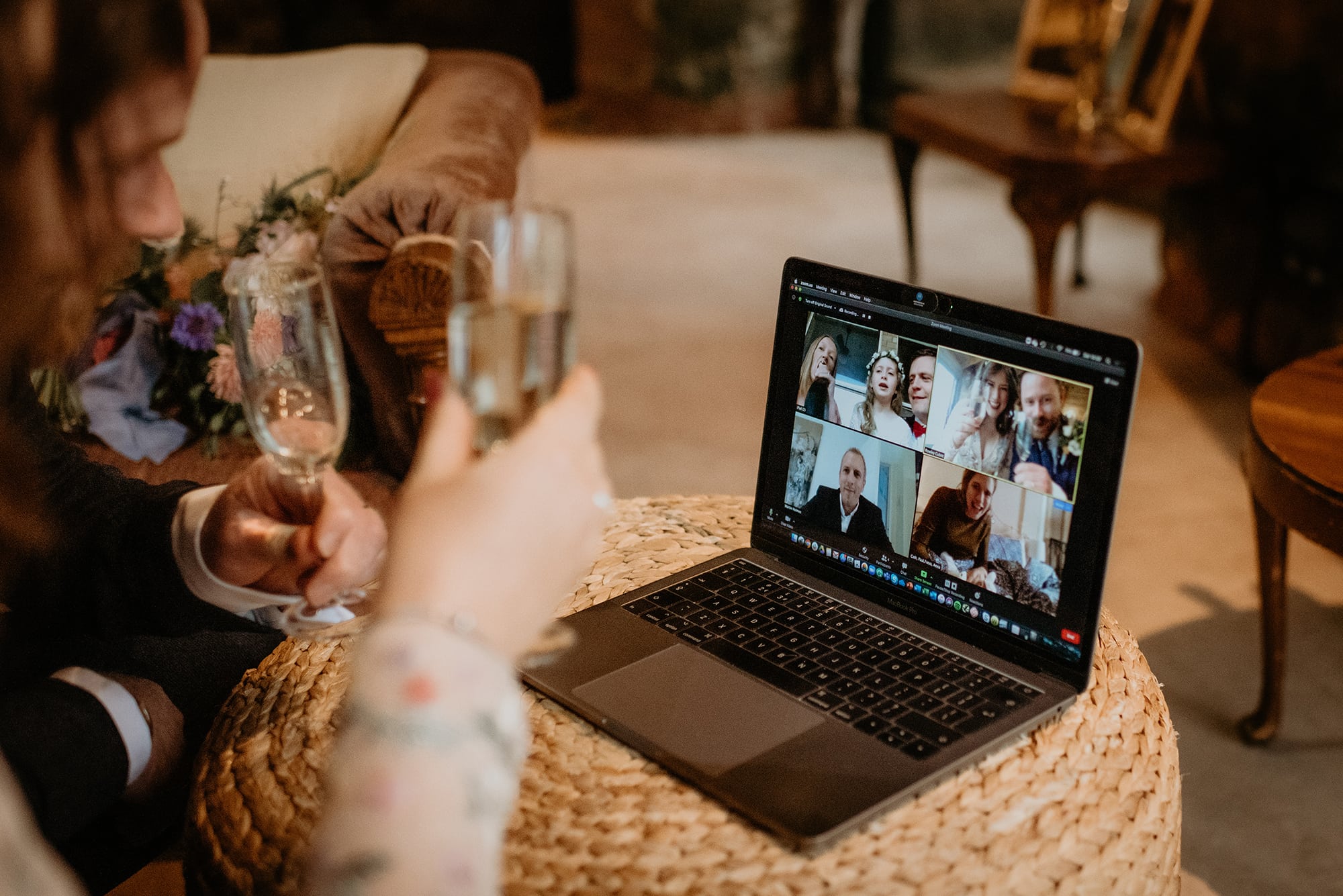 Rowley and Becky Celebrating at a Zoom wedding in 2020