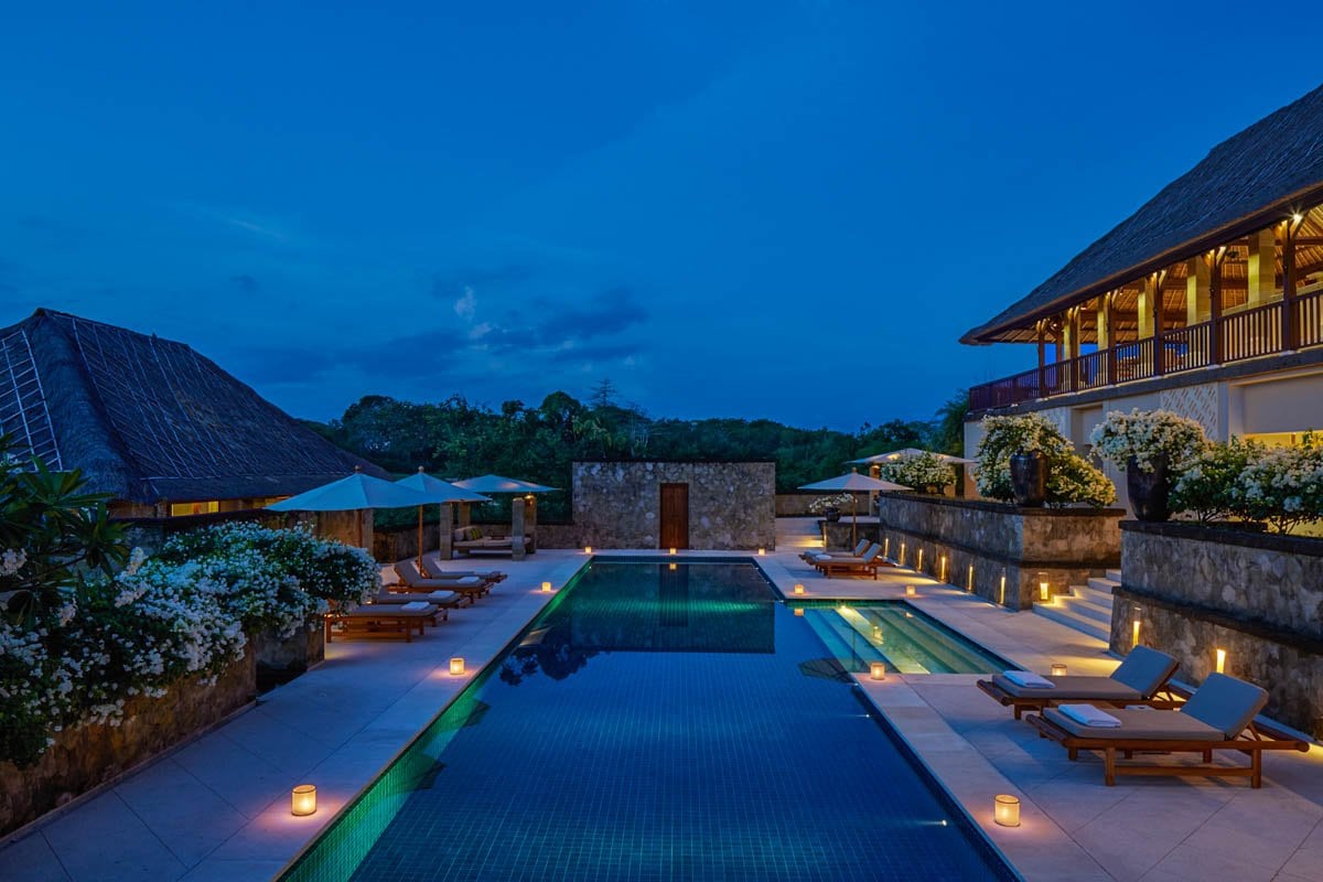 villa pool at night- 4 bedroom Pool at nightime at the Amanusa resort in Indonesia
