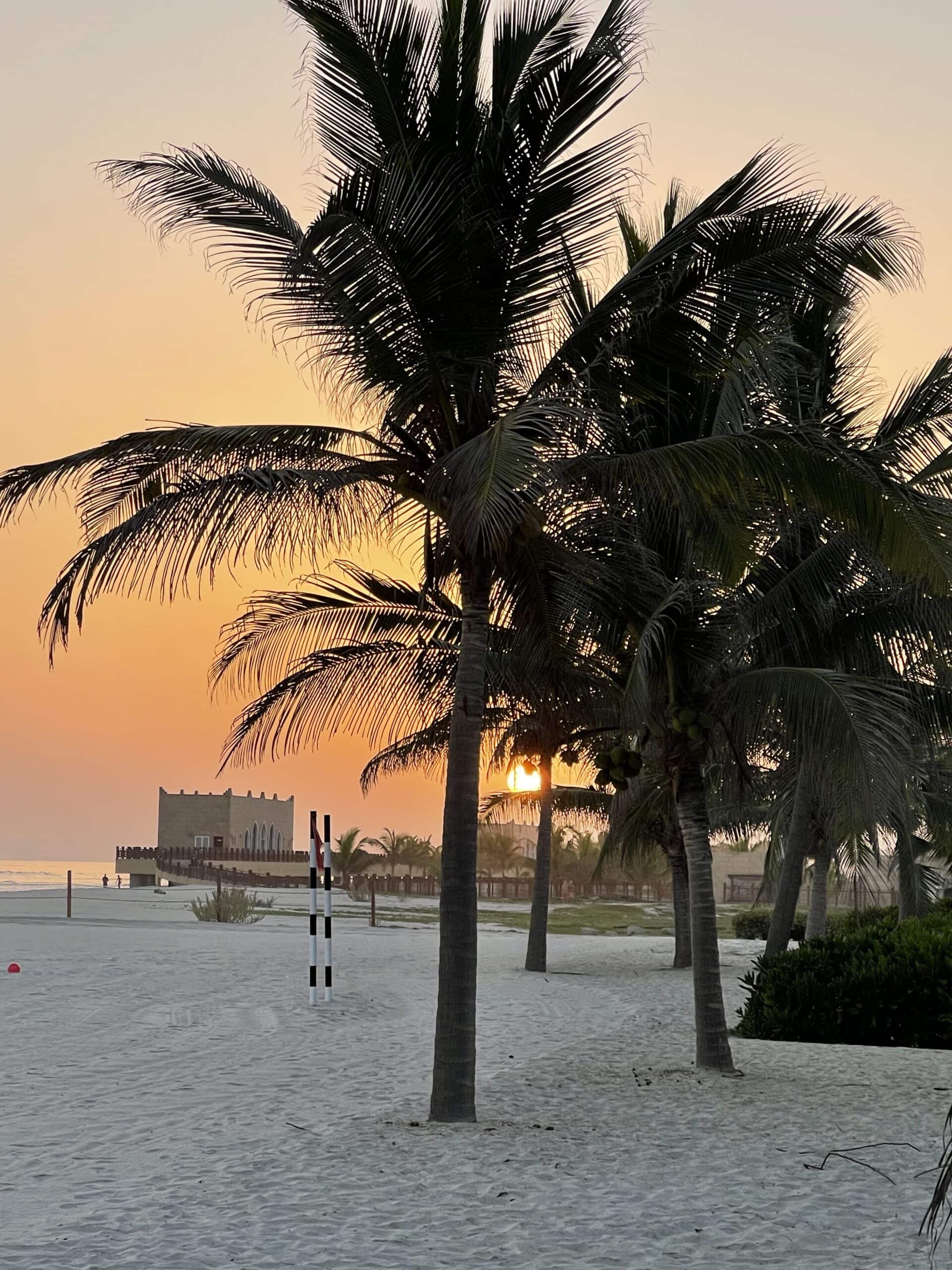 White sand beach at Anantara Salalah White sand beach at Anantara Salalah as the sunsets behind palm trees