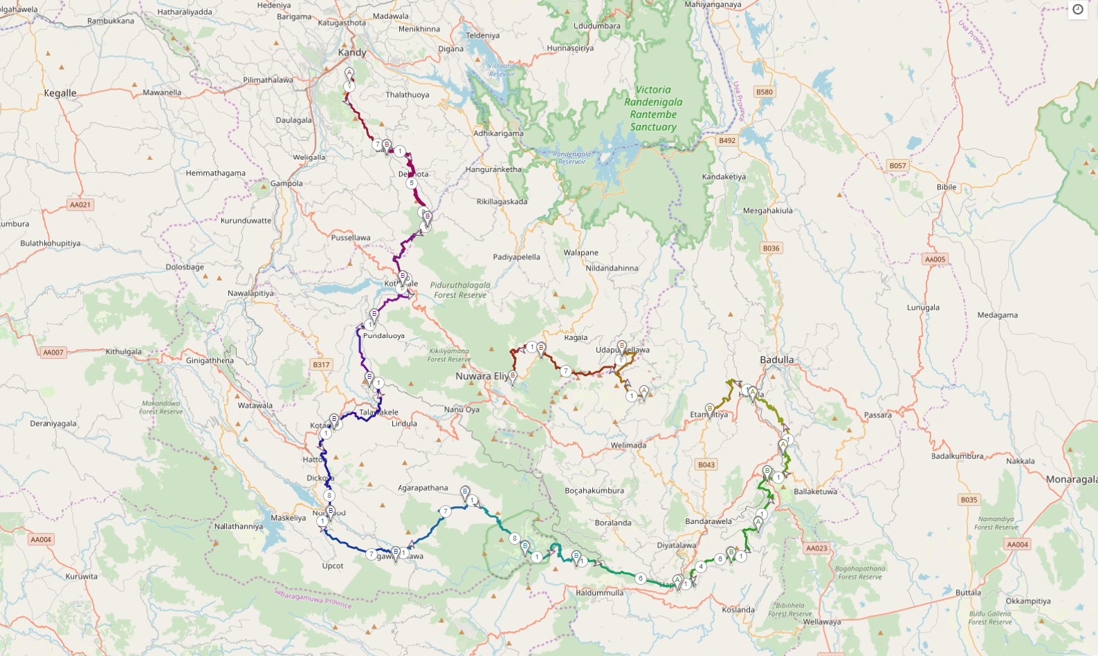 Map of all of the stages of the Pekoe Trail
