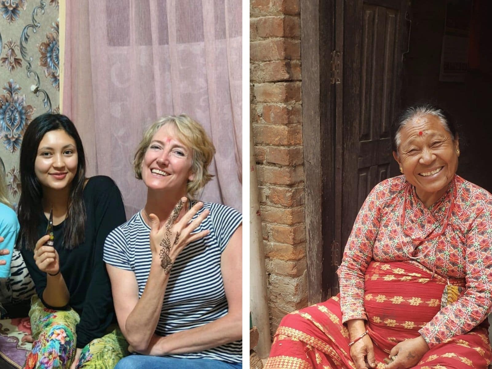 Sara Wells, Asia specialist at Experience Travel Group, enjoying a homestay experience with henna art alongside a local woman in Nepal, showcasing cultural immersion and authentic connections.
