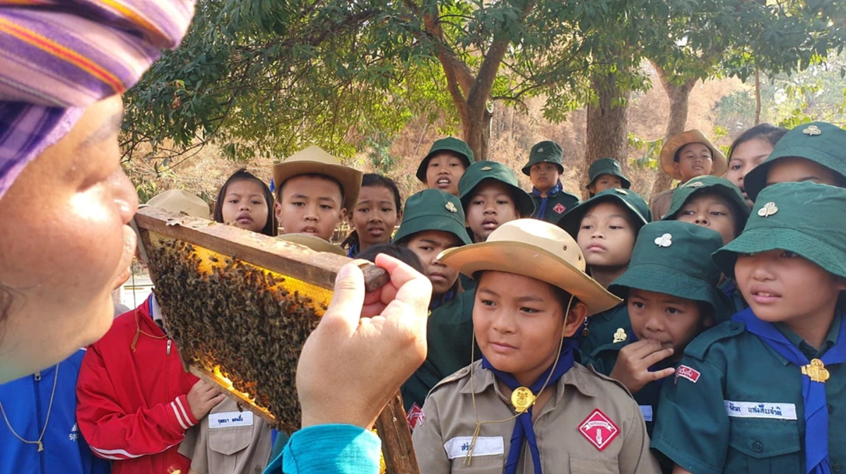 ourland thailand giveback Children learning about honey at OurLand nature reserve in thailand